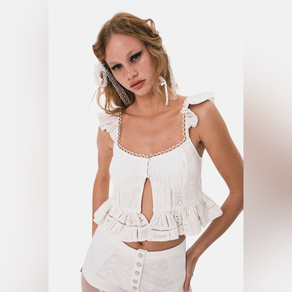 For Love & Lemons Marin White Eyelet Ruffle Camisole